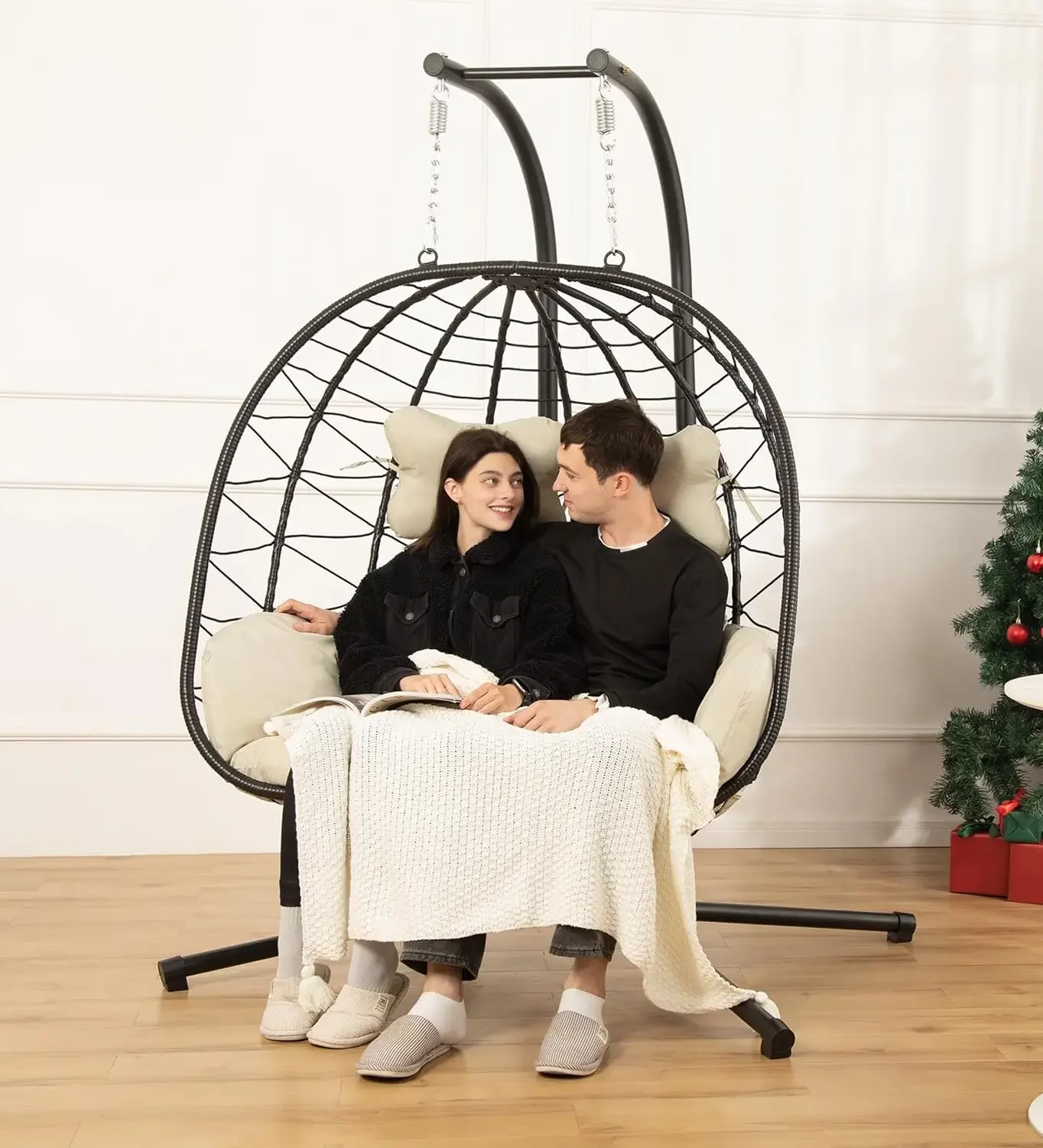 

Egg Chair wth Stand Hammock Swing Chair Foldable Hanging Loveseat, UV Resistant Removable Cushions