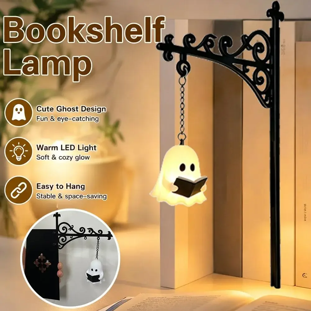 Cute Retro Iron Ghost Bedside Lamp, Warm LED Night Light, Hanging Ghost Lamp for Bedroom & Office Decor