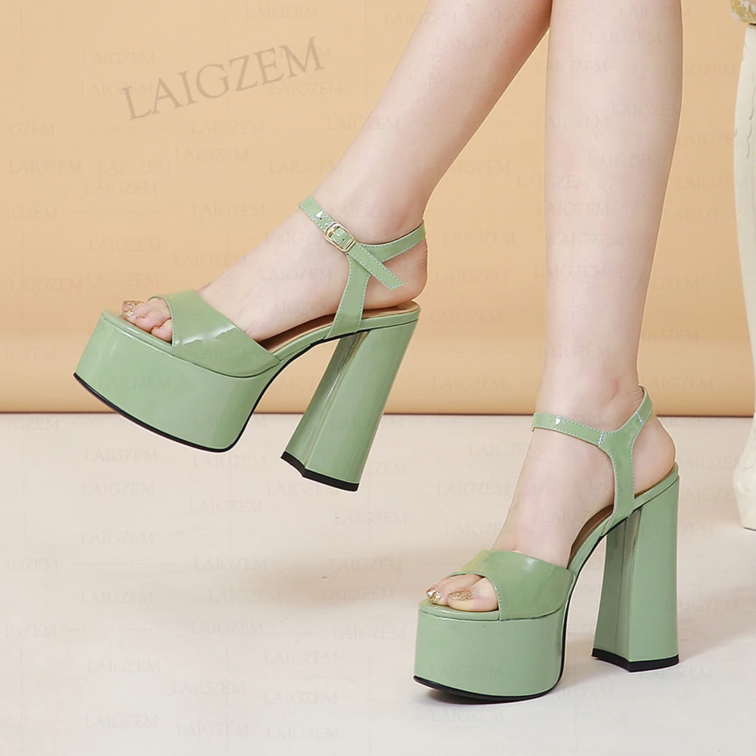 

LAIGZEM Real Leather Women Platform Sandals Straps 14CM Block Heels Pumps Prom Dress Ladies Handmade Shoes Woman Big Size 40 43