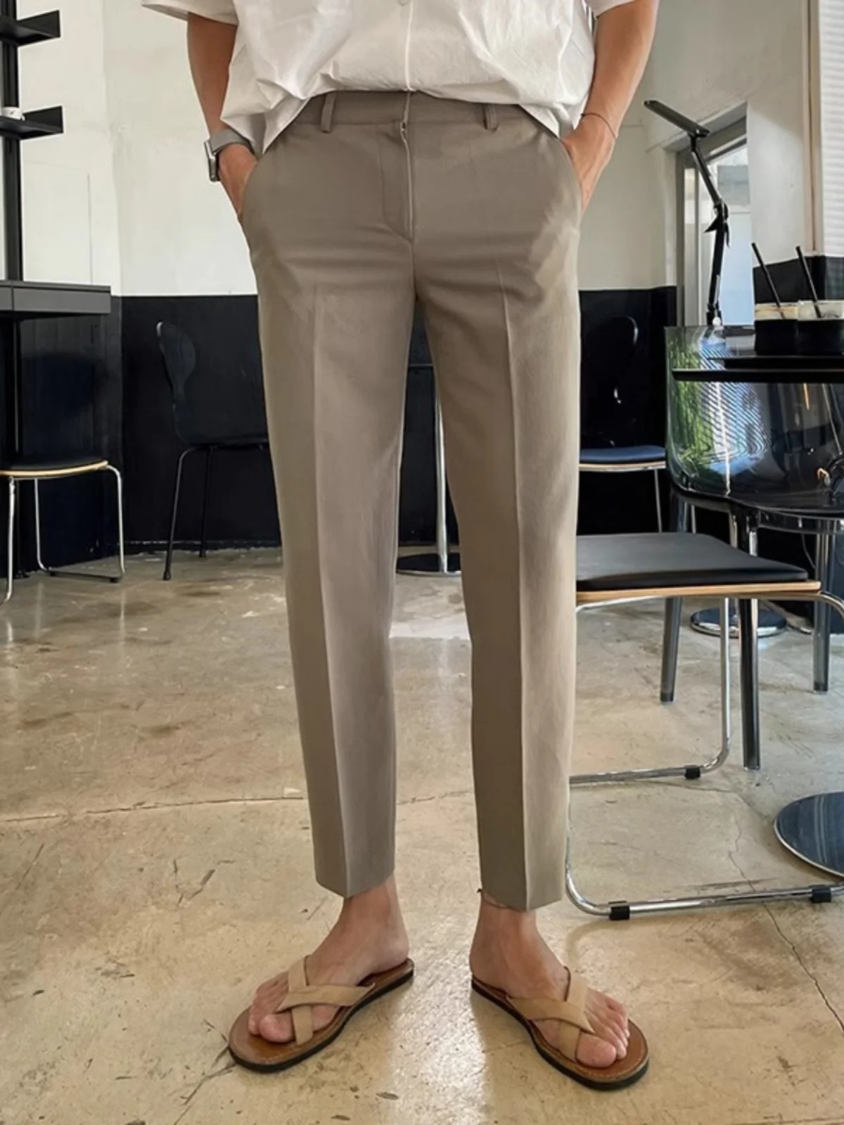 

Summer 2024 Men's Straight Leg Suit Pants Drapey Ice Silk Nine-Foot Casual Trendy Versatile Korean Sle Youth ular Pure C...