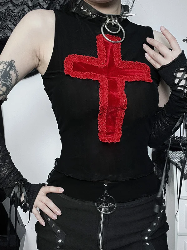 Top damski Loween K Gothic Sle Cross Bal Tank Top, słodko-pikantny, odzież sceniczna up Bla, ort irt