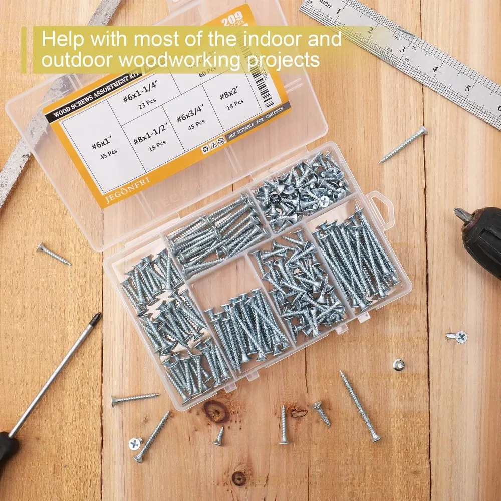 209PCS Wood Screw Assortment Kit, 6 Sizes Flat Head Phillips, Sturdy Steel, Rustproof, Handy Storage Case