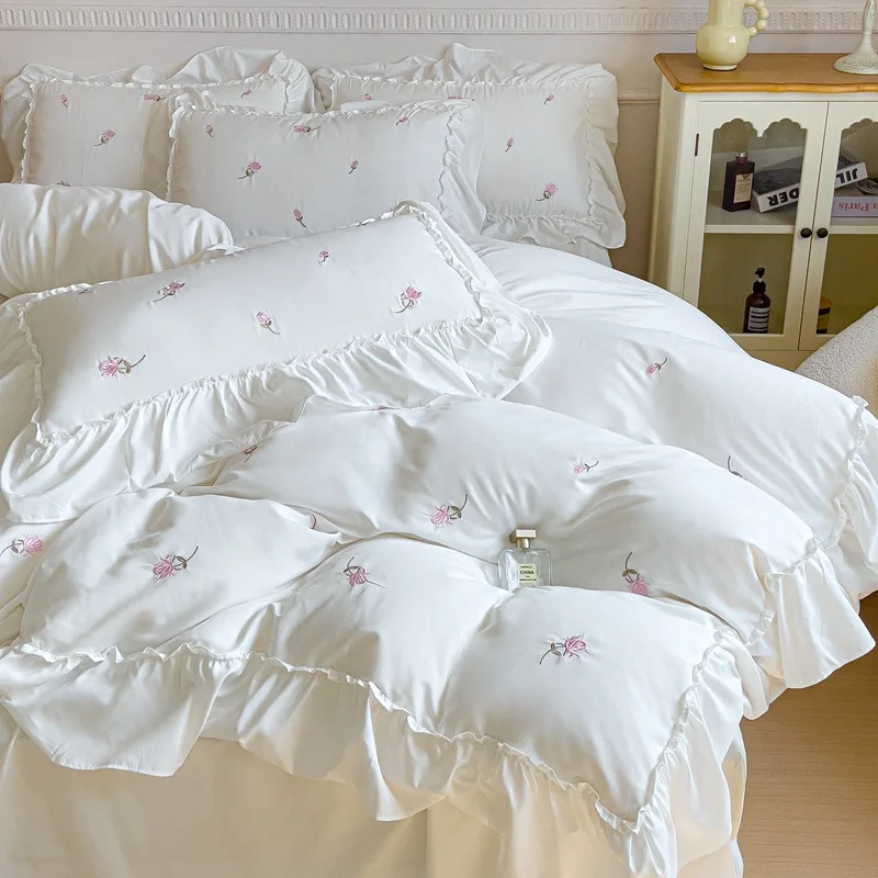 Ins Princess Lace Four-piece Set Embroidery Solid Color Washed Cotton Quilt Cover Flat/Fitted Bed Sheet Pillowcase Bedding Set