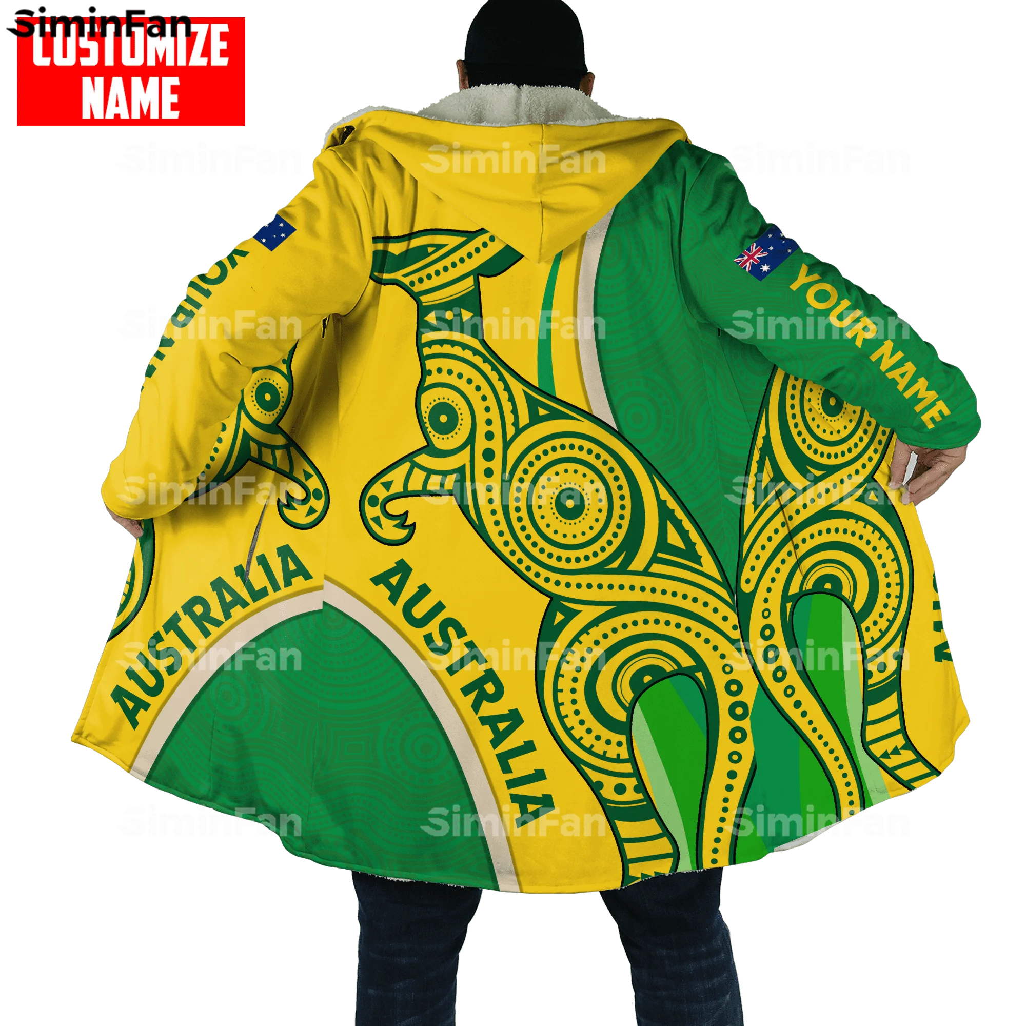 Aboriginal Australia Kangaroo 3D Printed Thick Warm Hooded Cloak Men Windproof Fleece Cape Robe Overcoat Winter Windbreaker A2