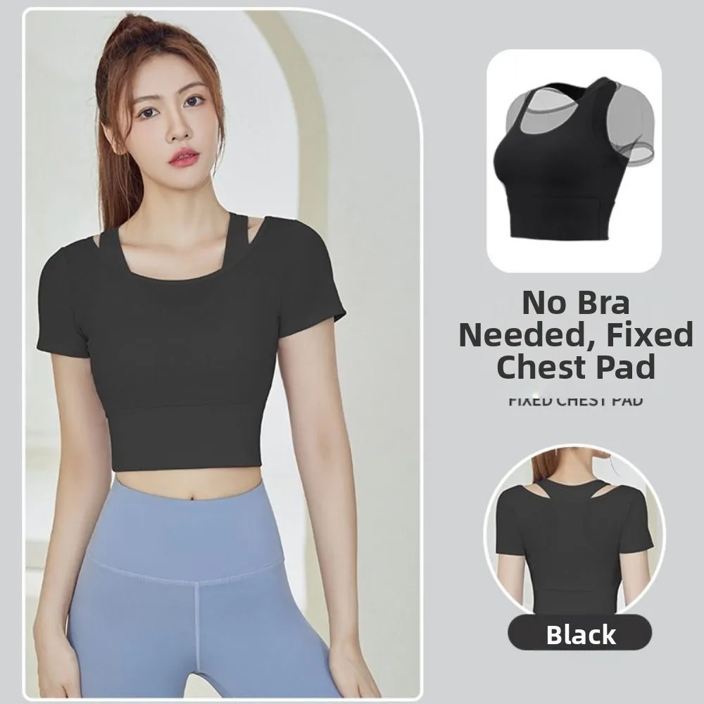 

Fake Two Pieces Short Sleeve Women Yoga Shirts Padded Mesh Fitness Sportswear Fake 2 Pieces Breathable Sports Tees Running
