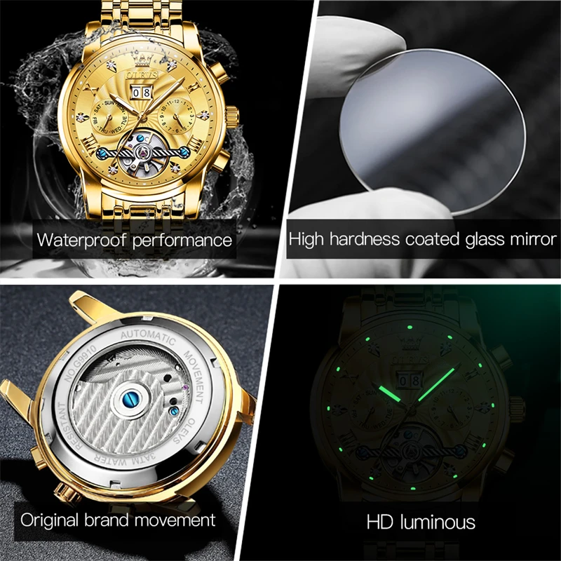 OLEVS Brand Luxury Gold orologio meccanico per uomo in acciaio inossidabile impermeabile calendario luminoso Fashion Tourbillon orologi da uomo