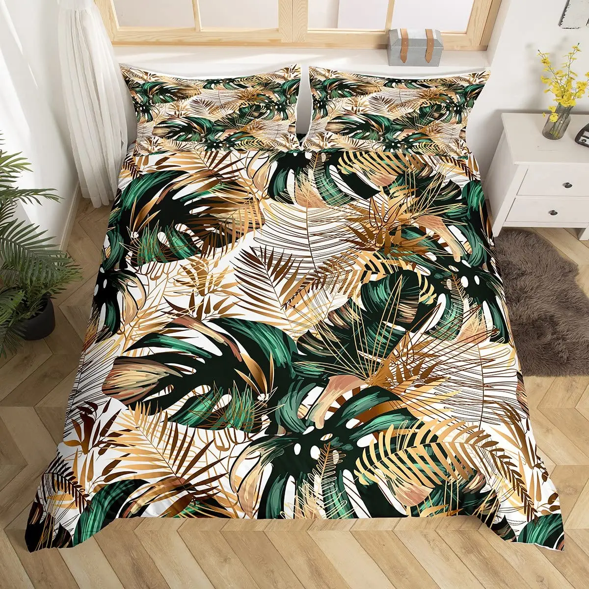 

Tropical Botanical Duvet Cover Gold Palm Tree Leaf Comforter Cover King Jungle Nature Theme Watercolor Plant Leaves Bedding Set