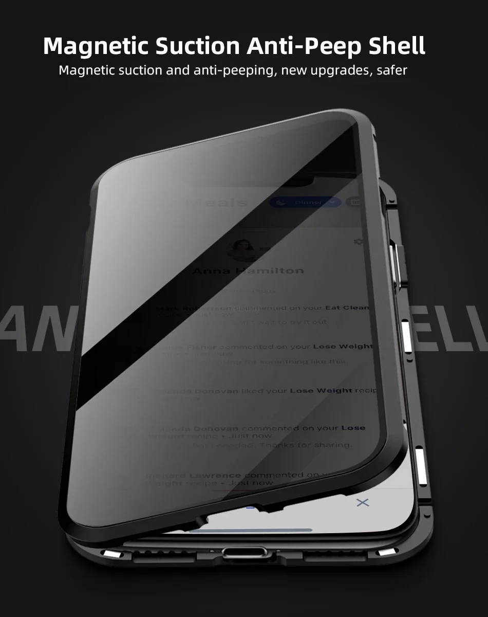 Magnetisches Gehäuse aus gehärtetem Glas mit Sichtschutz für iPhone 17 16 15 14 13 12 XR 11 Pro MAX X Plus 360 Magnet Antispy Schutzhülle – Detail 5