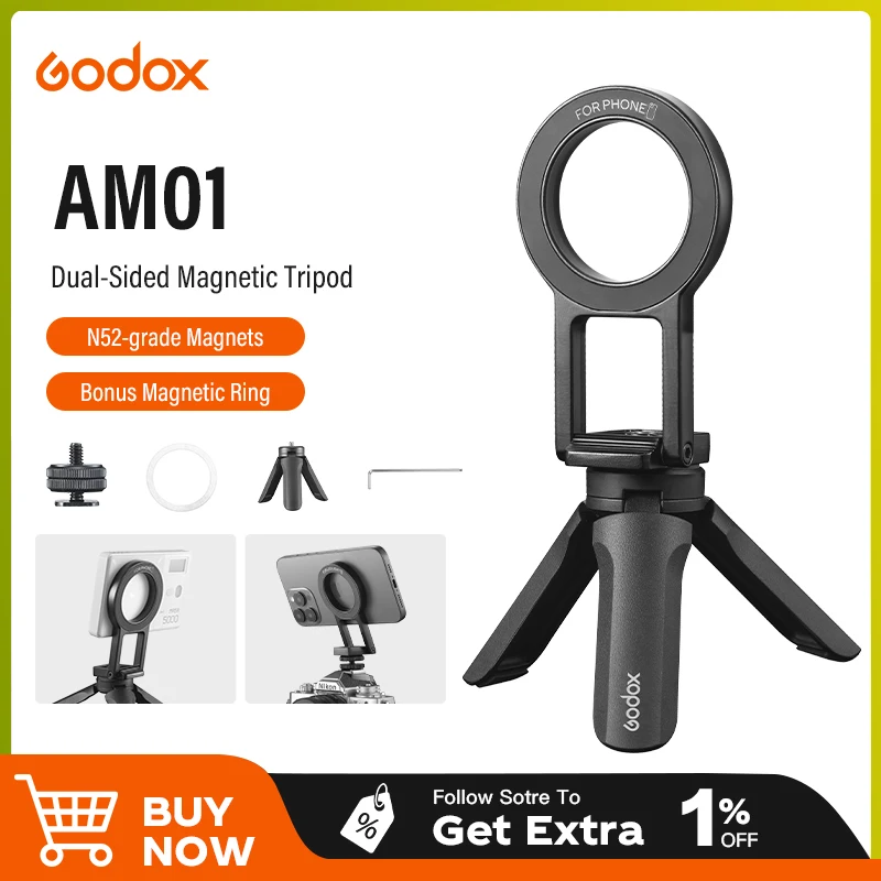 

Godox AM01 Dual-Sided Magnetic Bracket with Camera Cold Shoe Adapter Magnetic Tripod Holder for Cell Phones for MA5R LED Lights