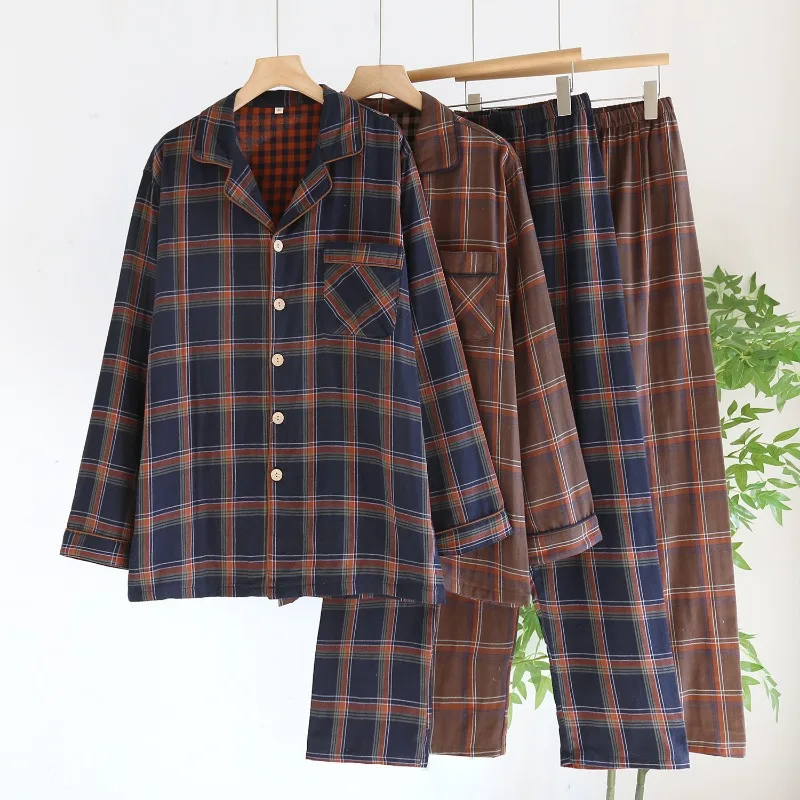 Immagine 4: Coppia Pigiama scozzese tinto in filo Doppio strato di filato di cotone Abbigliamento per la casa Pantaloni sottili a maniche lunghe Pigiama da donna Set da 2 pezzi