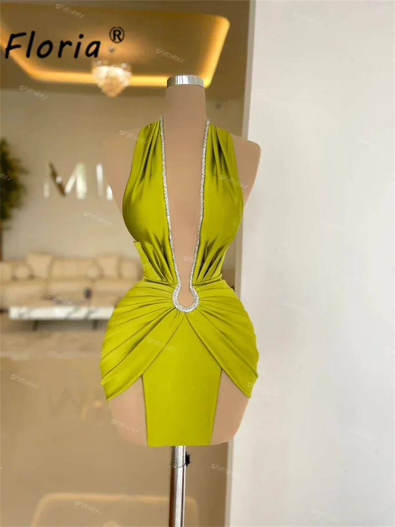 Sexy Cocktail Dress Green Halter Deep V Neck Sleevelss Short Prom Dresses Ruched Mini Birthday Party Dress 2024 vestidos de gala