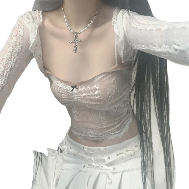 

Women Sexy Casual Two-piece Set With Lace Patchwork Camisole, Girls Long Sleeved Top
