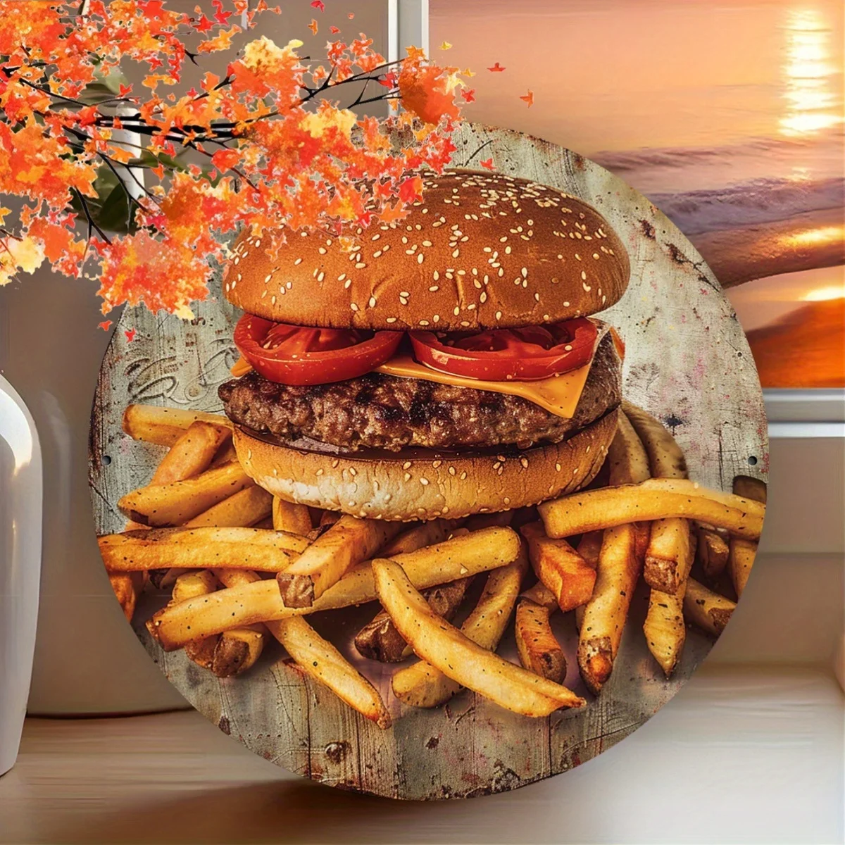1pc Vintage Aluminum Burger and Fries Mural, Suitable for Home, Restaurant, Cafe, Garage Decor, 20.32x20.32 cm, Indoor/Outdoor U