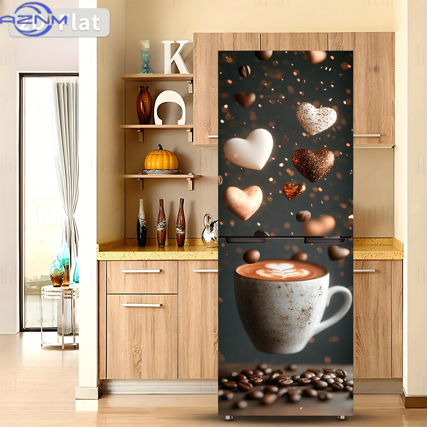 [2D Flat Printing] 1pc Refrigerator Sticker Coffee Heart Close-Up Theme Design Wall Sticker Decoration Wallpaper Self-Adhesive