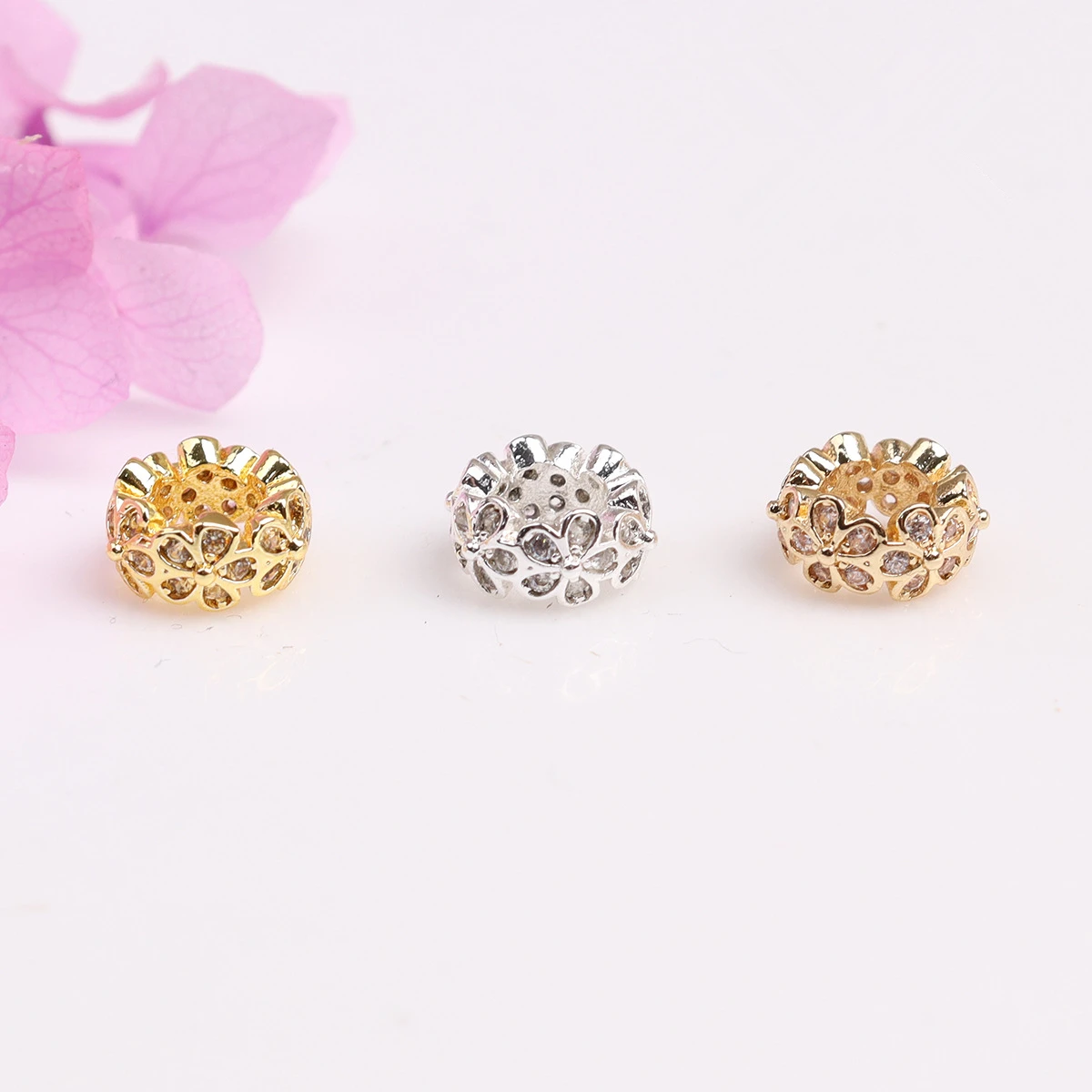 Big Hole Rhinestone Embellished Round Flower Ring Bead 14K Bloom Circle Charm 10 pcs