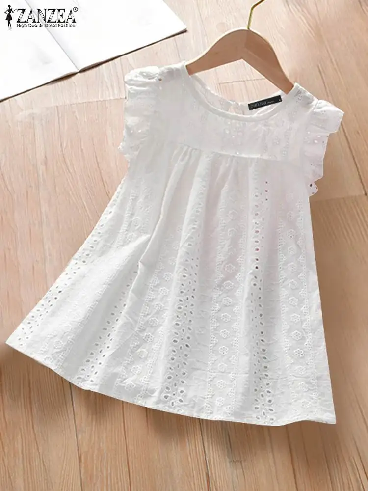 ZANZEA Summer Korean Lace Cotton Vest Women White Cap Sleeve Tanks Blouse Fashion Hollow Out Ruffle Camis Sweety O-neck Tank Top