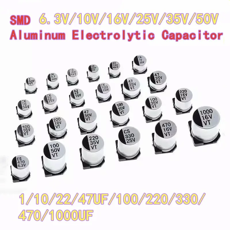 

10 шт. алюминиевый электролитический конденсатор SMD для поверхностного монтажа 6,3 В 10 В 16 В 25 В 35 В 50 В 1 мкФ 10 мкФ 22 мкФ 47 мкФ 100 мкФ 220 мкФ 470 мкФ 1000 мкФ