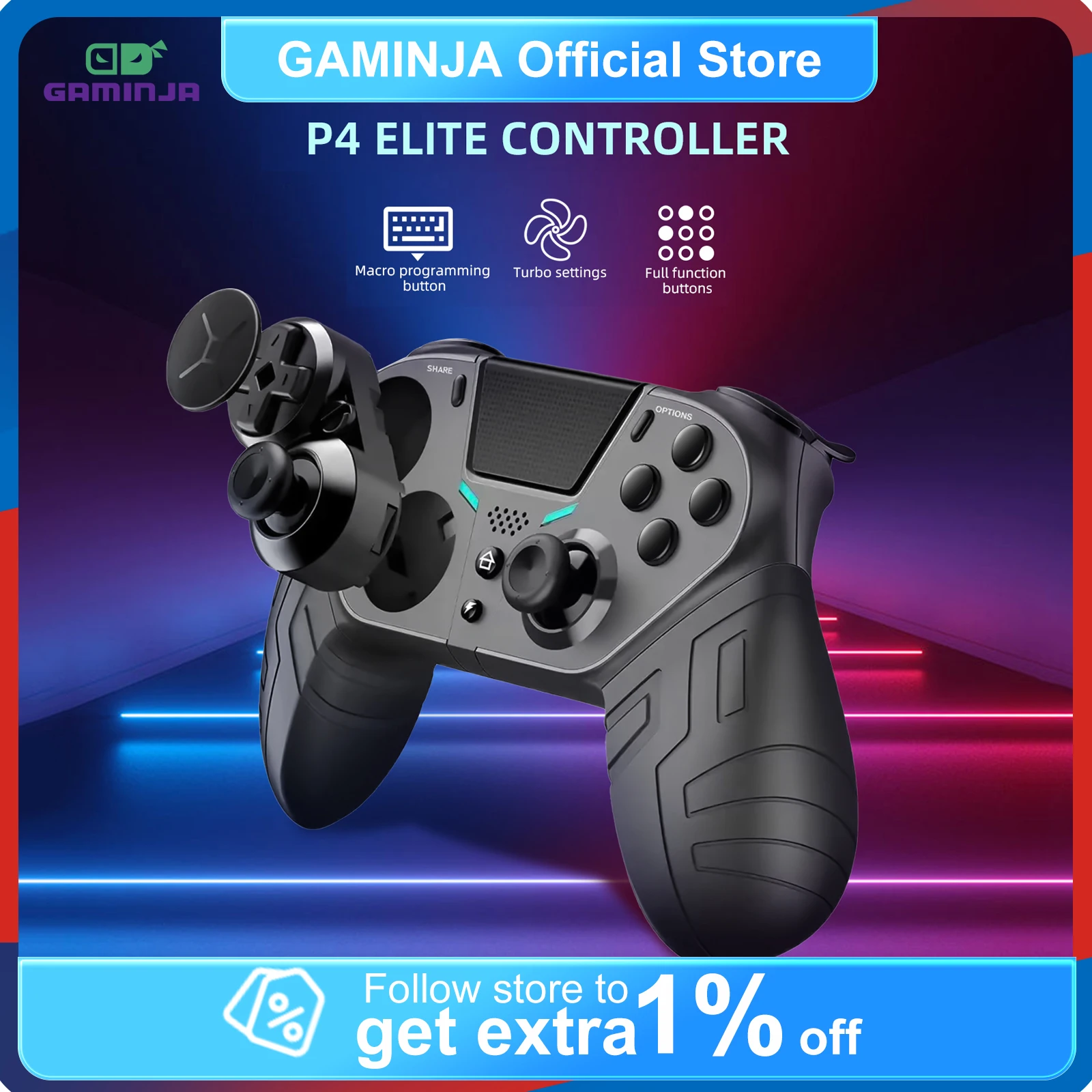 

GAMINJA Wireless Gamepad Bluetooth Elite Controller For PS4 Console PC Joystick with Programmable Turbo Function Dual Vibration