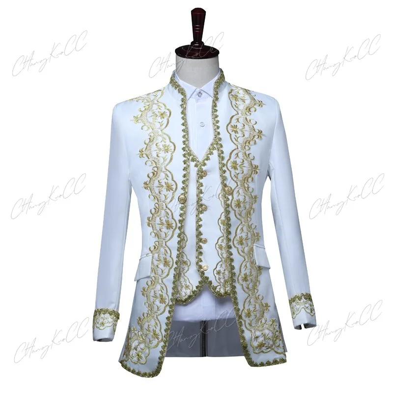 4XL Adult Men 3PCS Set Victorian Steampunk Royal Prince Costume Vintage Baroque Jacket Vest Coat Pants Wedding Groom Blazer Suit