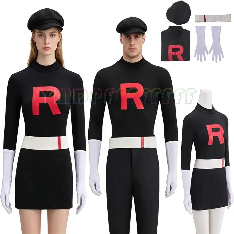 Novelty Anime Black Men's and Women's Team Rocket Grunt Cosplay Costumes Black Uniform Hats Halloween Party Costumes Easter Skir