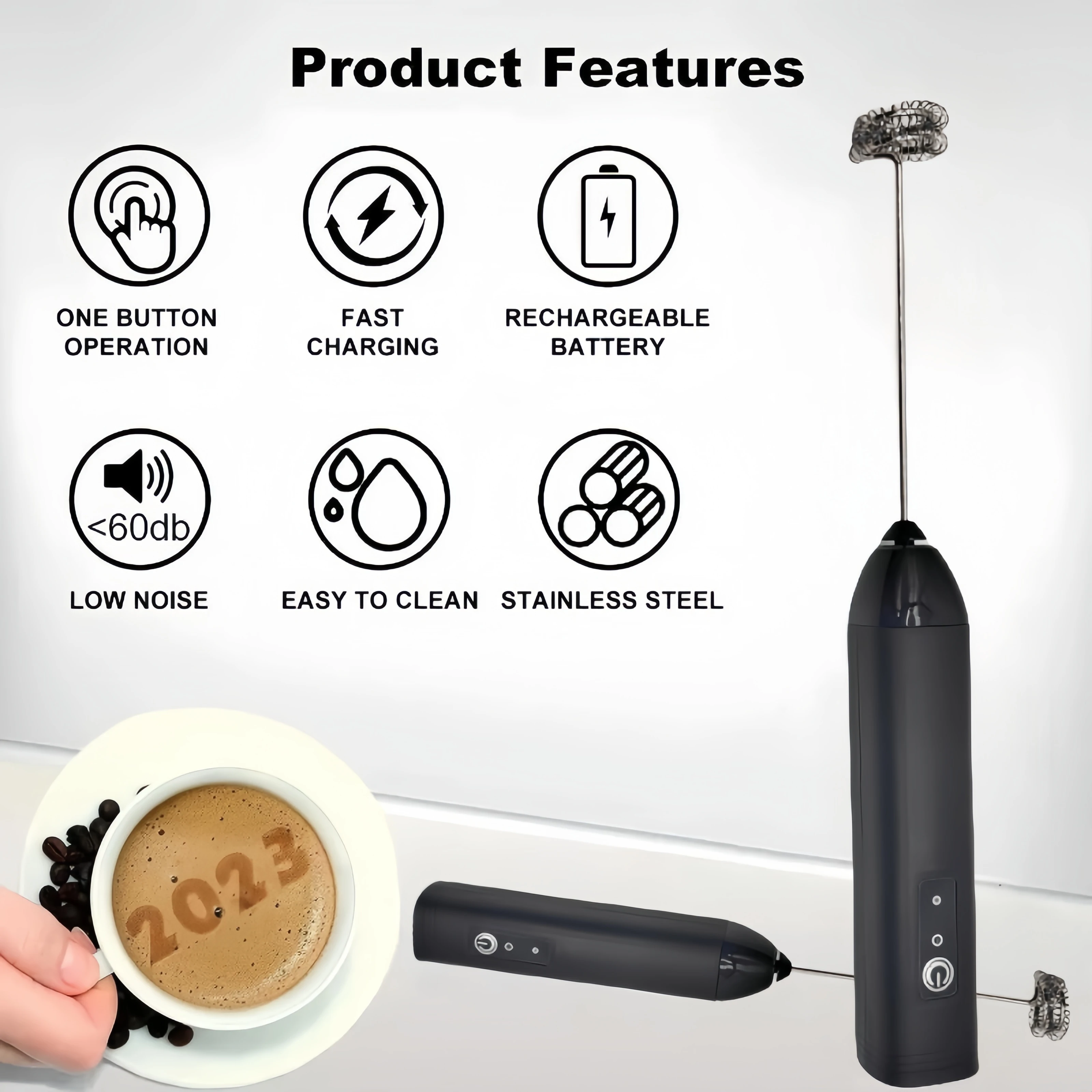MINI Milk Frother USB Rechargeable 3 Speeds Foam Maker Coffee Whisk Mixer Electric Handle Blender Egg Beater