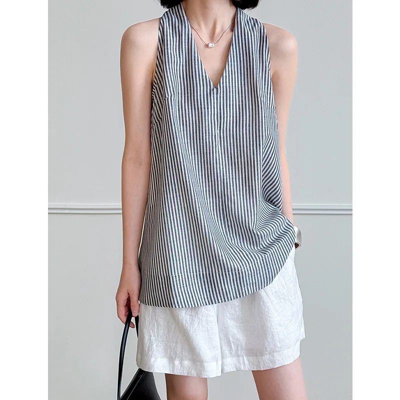 قميص بدون أكمام مخطط برقبة على شكل حرف V صيفي جديد