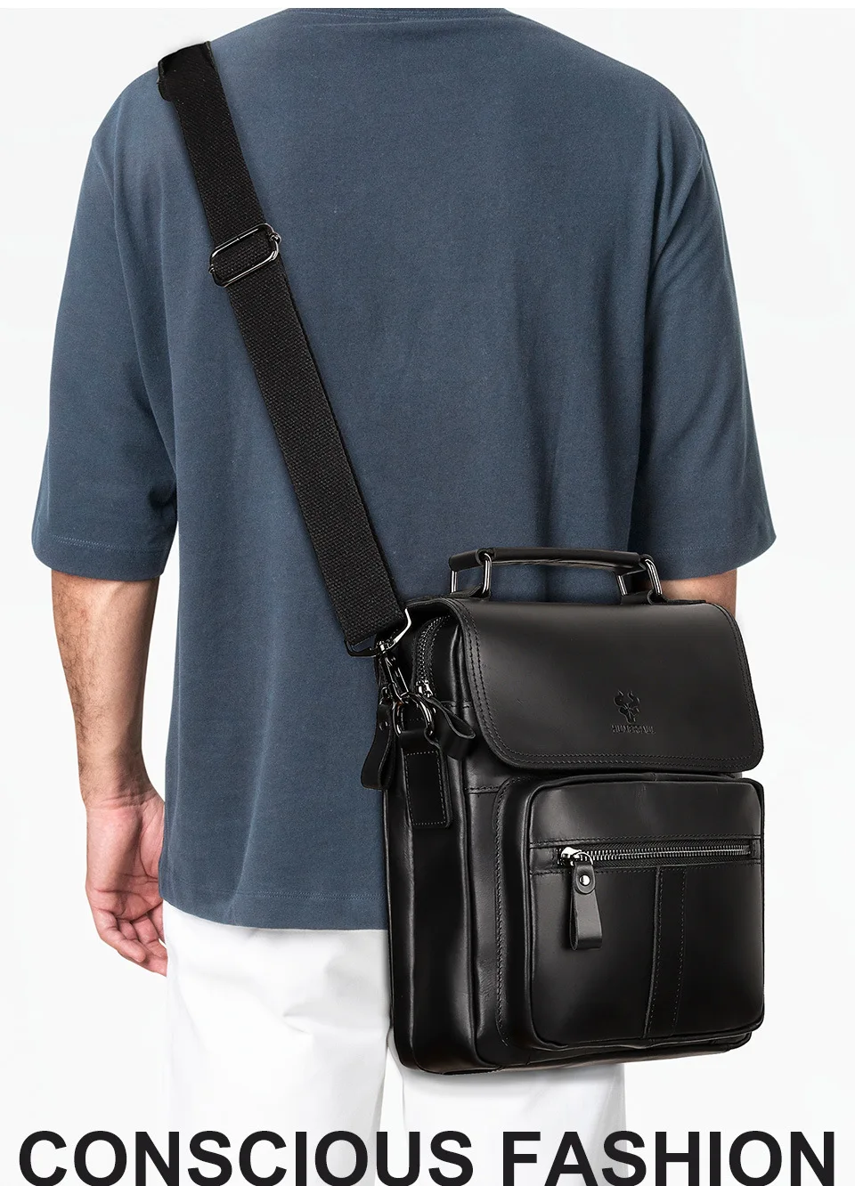 

Genuine leather square hand-held shoulder bag, retro men's large-capacity multi-pocket travel crossbody business backpack