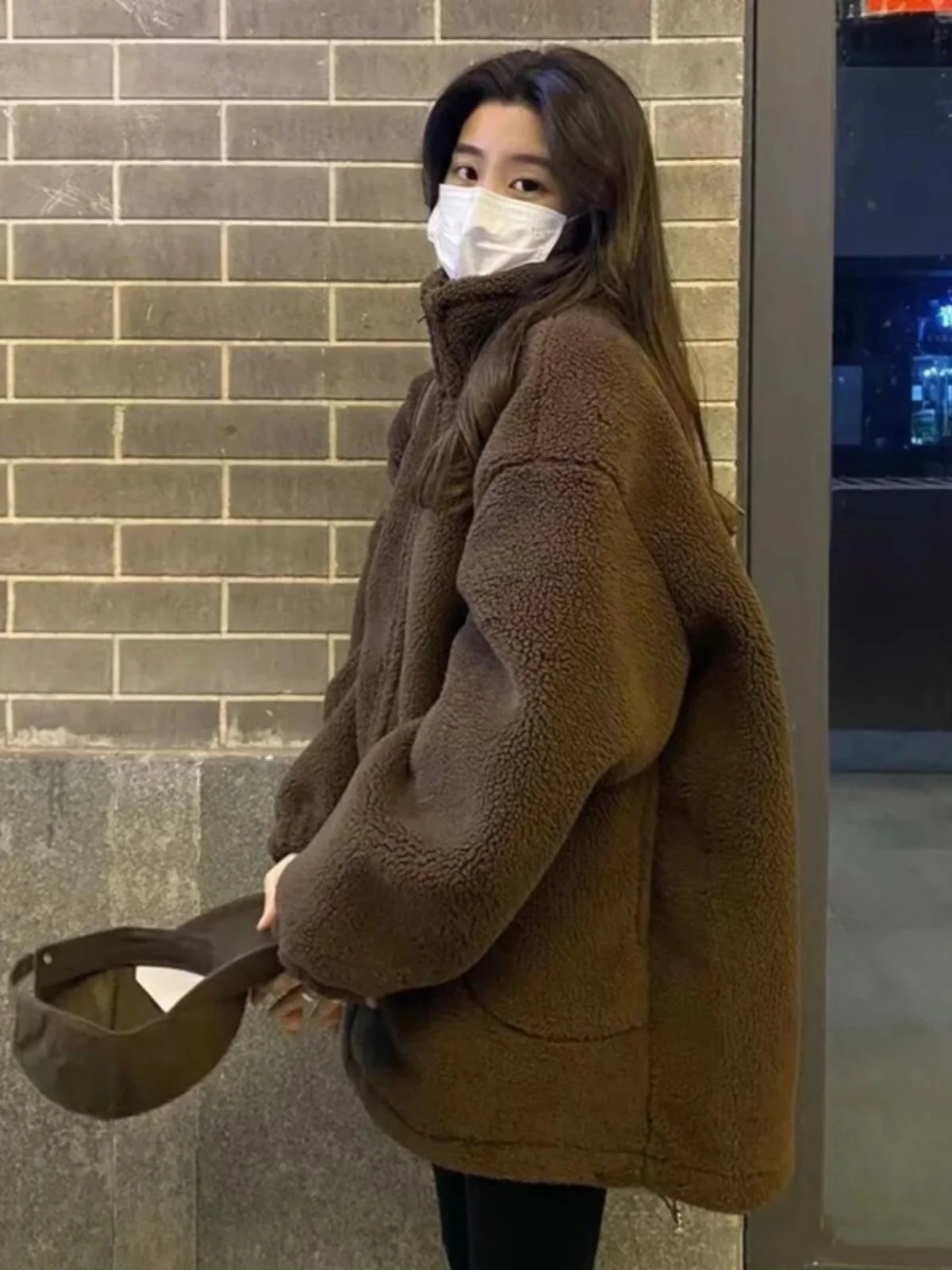 

Lamb Wool Jacket White Cargo Style Multi-Pockets K-Pop Hippie Skin-Friendly Colorblock Fancy Bomber Fox Slim Fitness Elastic Ins