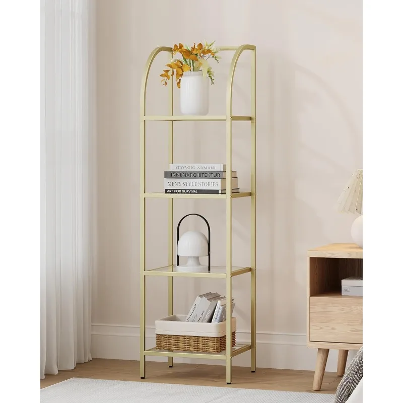 Bookcase Bookshelf,Tempered Glass Arched Bookshelf for More Storage,Slim Shelving Unit for Bedroom,Bathroom,Home Office,Gold