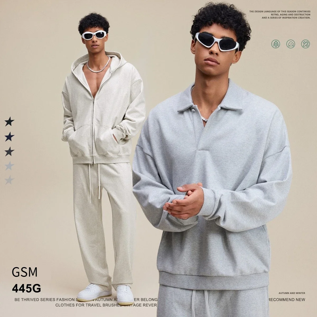 Men's  American Streetwear Set - Broken Bone Spliced Design with Stand Collar & Hooded Sweatshirt and Matching Sweatpants