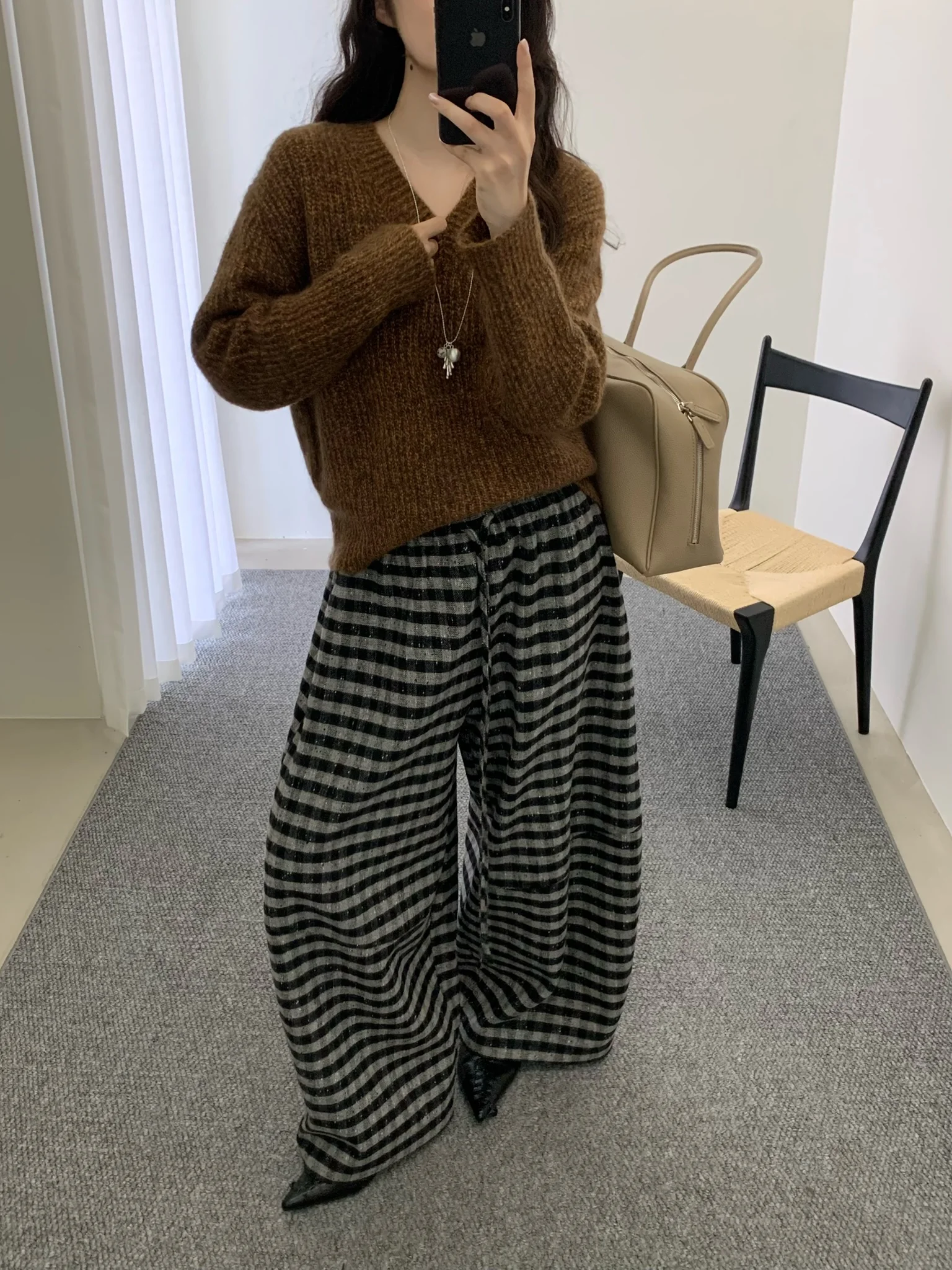 

Faionable Casual Plaid Wide Leg Loose Women's Pants Elastic Waist Belted Slimming Effect Comfortable Daily Wear 5EQ37