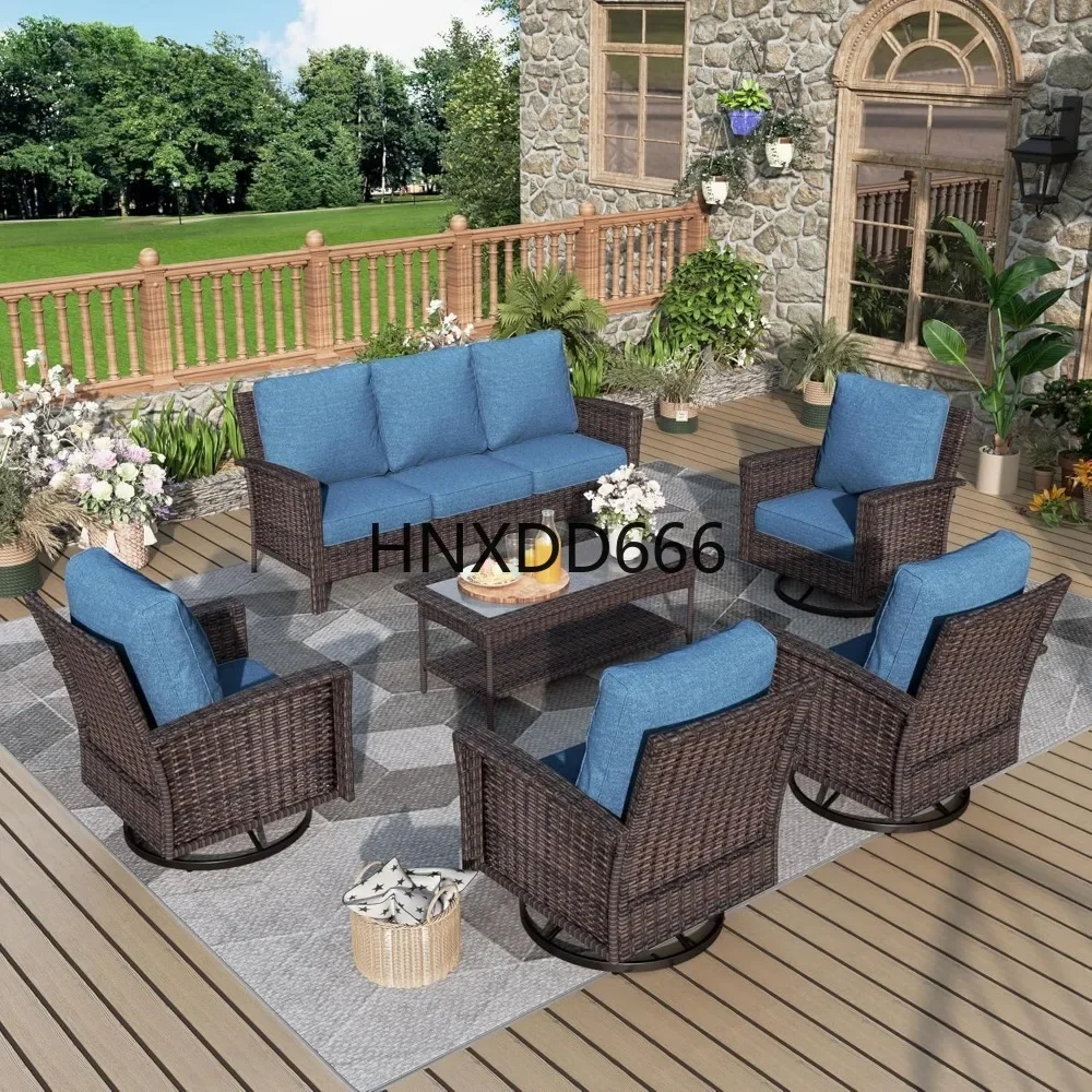 6-Piece Patio Furniture Set,Oversized Outdoor Wicker Sofa with Swivel Chairs and Coffee Table, Sectional Rattan Conversation Set