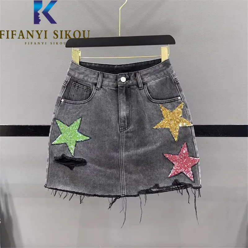 2023 Summer Denim Skirt Women Stars Sequins Fashion Ripped Jeans Skirt Pocket Loose High Waist A-Line Short Skirts Female