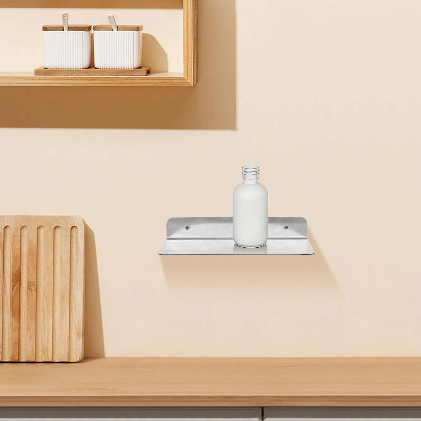

Stainless Steel Wall Mounted L Shape Floating Shelf Silver Bathroom Storage Rack Kitchen Organizer Spice Bottle Display Plant