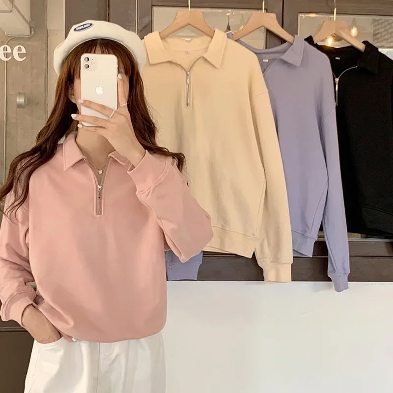 Pre-Fall 2024 New Short Stand Collar Sweatshirt Women's Thin Polo Collar Half-Zipper Small Man Top Personality Autumn Dress