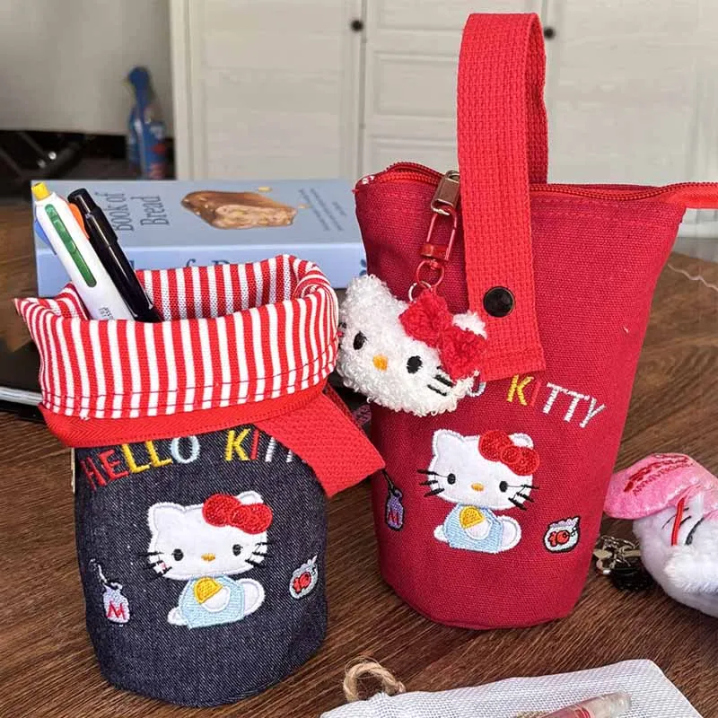 

Kawaii Sanrio Anime Cylindrical Storage Bag Cute Hello Kitty Cartoon Large Capacity Cowboy Embroidery Pencil Case Gift for Girl