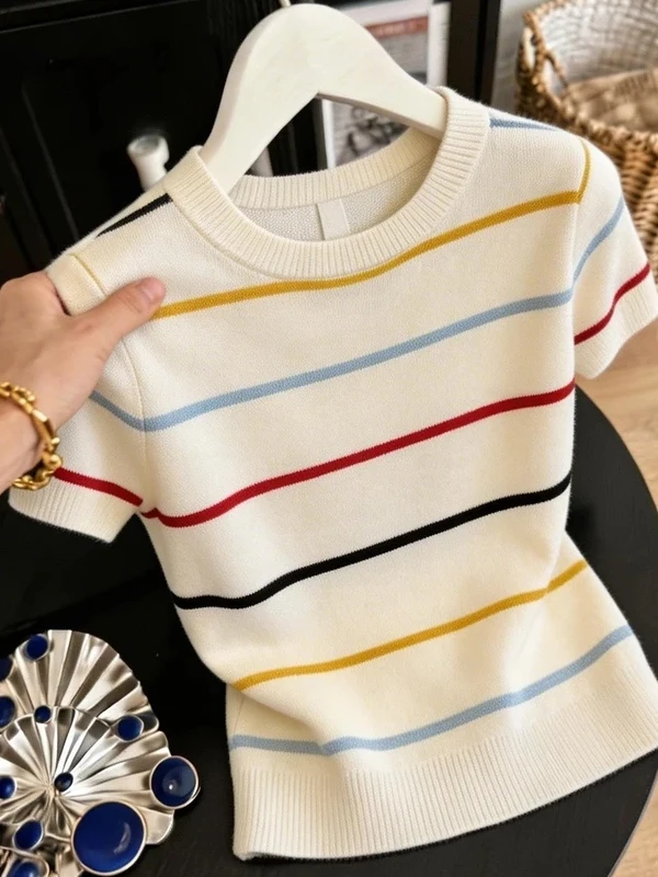 

Loose Knitted Short Sleeve T-Shirt Women Summer Rainbow Stripes Anti-Aging Korean Style Breathable Comfortable Commute Wear