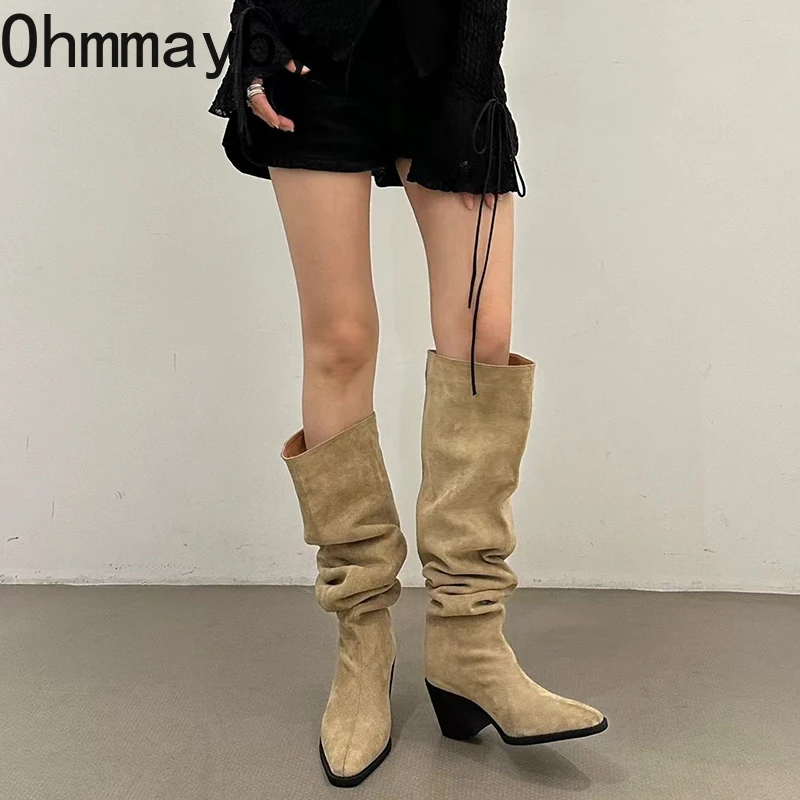 Winter Women Pleated Western Knee High Boots Fashion Slip On Shoes Thick Heel Laides Concise Long Botas De Mujer