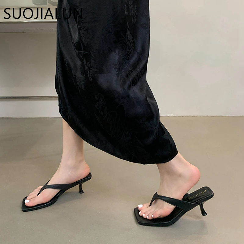 SUOJIALUN 2024 Summer New Women Slipper Fashion Narrow Band Ladies Thin High Heel Outdoor Dress Sandal Elegant Dress Flip Flops