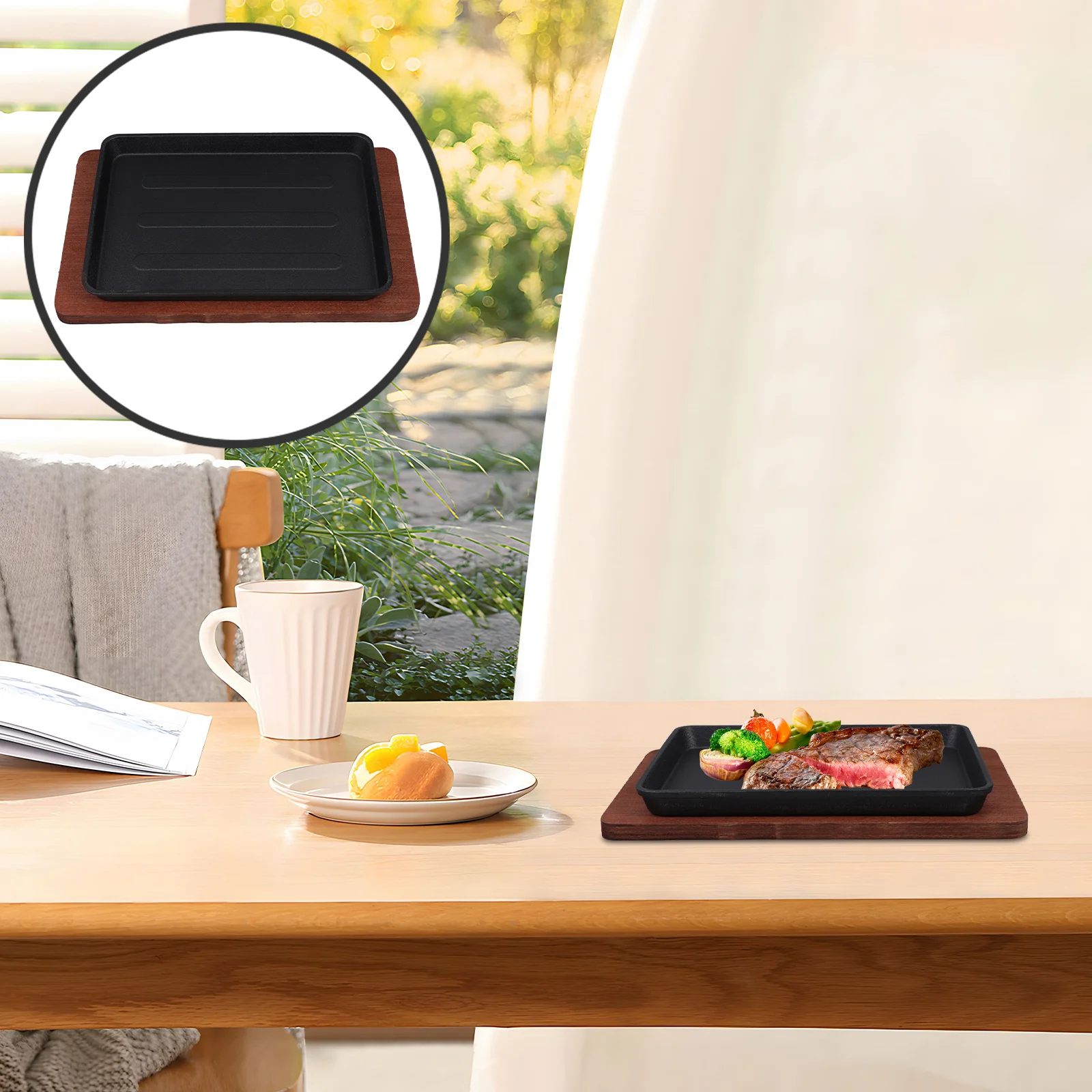 

Square Cast Iron Cooking Pan 15X15 Inch Steak Plate For Grilling Fish Fajita Skillet Baking Sizzling Platter Wooden Base