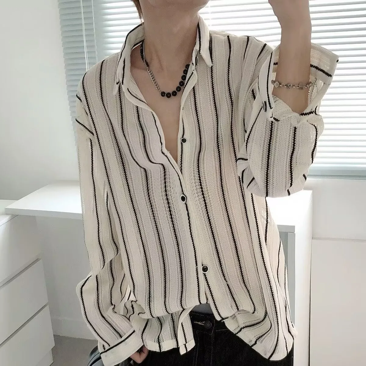 2026 Summer Apricot Hollow Striped Shirt Men's Design Loose Casual Shirt New Sunscreen Long-sleeved Top