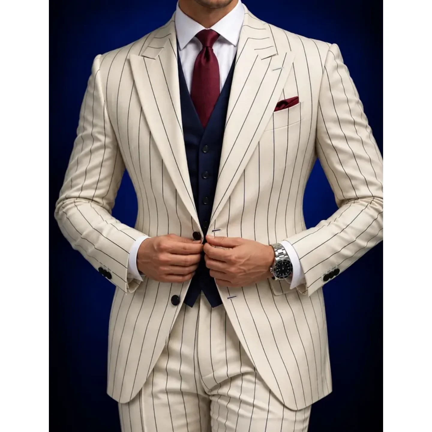 Cream White 2 Pieces Set Pinstripe Suit For Men Peak Lapel Slim Fit Blazer Trousers Wedding Business Party Jacket Customized