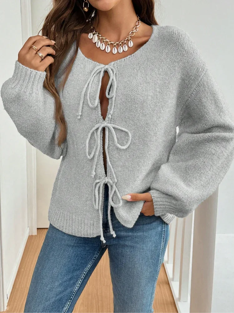 Fashion O Neck Lace Up Knit Cardigan Women Casual Solid Long Sleeve Loose Short Sweater 2024 Autumn New Lady Street Knitwear Top