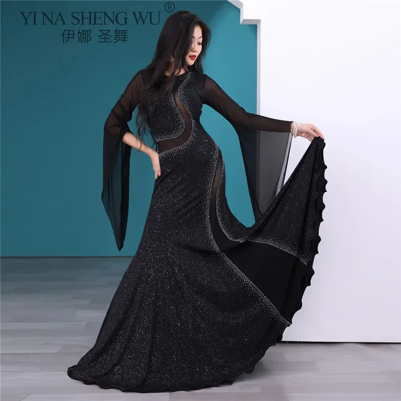 

New Belly Dance Dress Round Neck Slim Long Skirt Flared Sleeves Competition Clothes Female Elegant Performance Practice Clothing