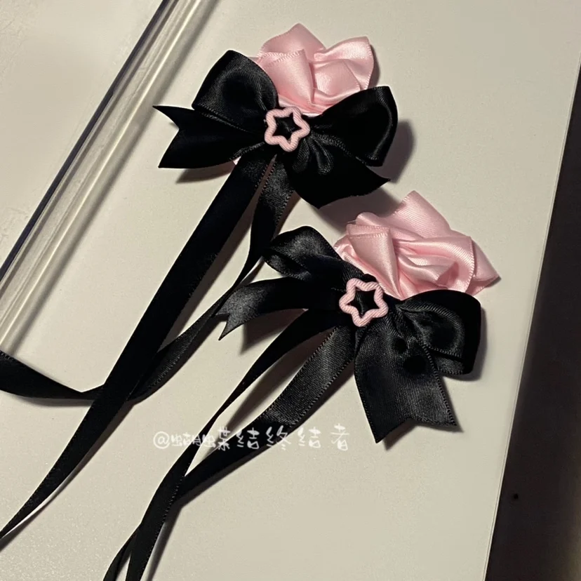 Lolita accessories black pink silk ribbon bow sweet cool star love cute girl hair clip Anime accessories