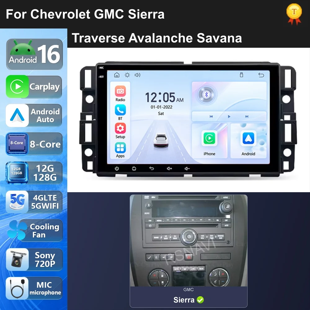 Car Radio Android 16 For Chevrolet GMC Sierra Traverse Avalanche Savana 2007-2014 carplay auto dsp bt 4g