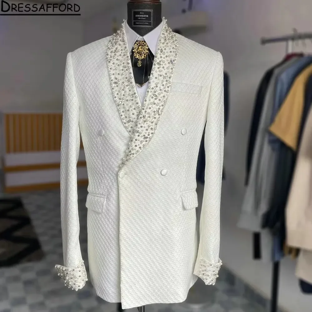 White Jacquard Pearls Beading Groom Wear Formal Men Suits 2 Piece Jacket Pants Sets Smart Casual Business Blazer