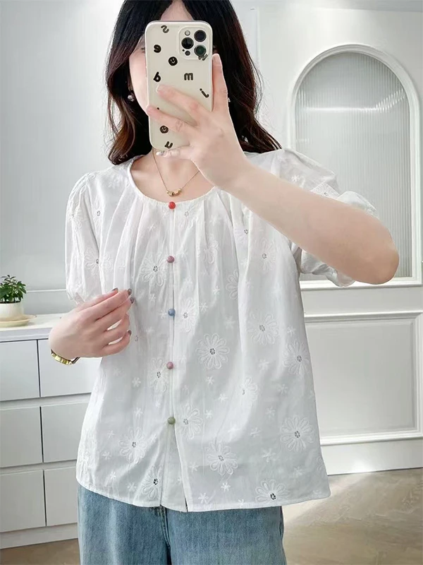 Coreano Sle rotondo Ne Ricamato irt Donna Estate Bubble Sve Anti-età Unico Piccolo Qualify Top Miscela di cotone ort S...