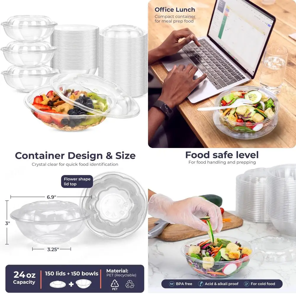 

Disposable 24 oz Clear Plastic Salad Bowls with Airtight Lids for Meal Prep, Lunch, Takeout, Party, and Catering