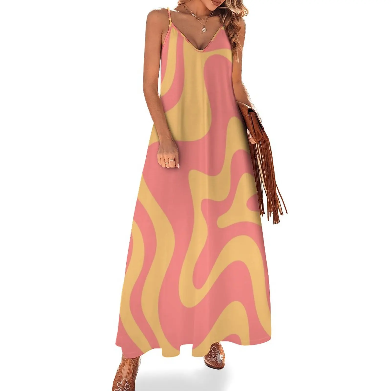 

Liquid Swirl Retro Modern Abstract Pattern in Pink and Mustard Yellow Sleeveless Dress Long dresses Dress woman